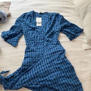 Zara Navy Plaid Wrap Dress